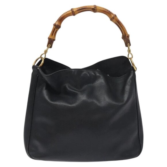 GUCCI Bamboo Hand Bag Leather Black Gold 001 0166 1638 Auth 130572 - Picture 2 of 16